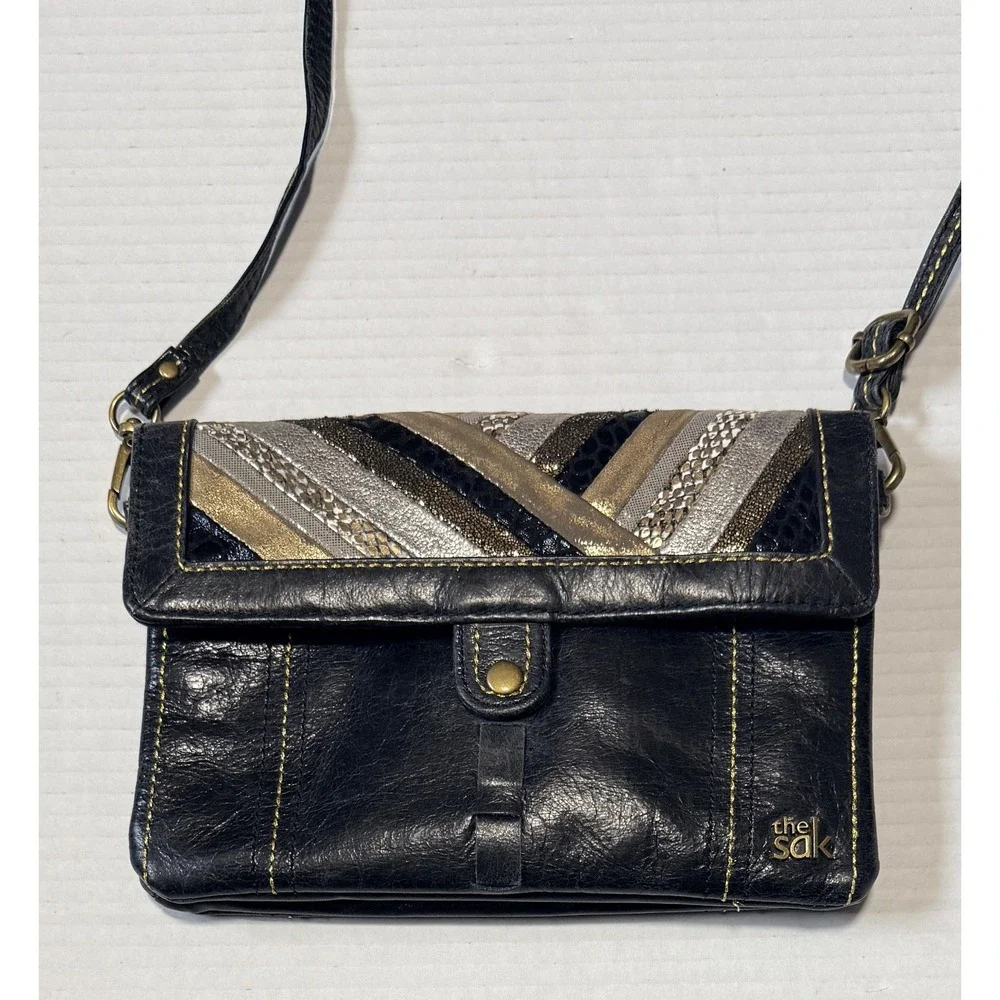 THE SAK Black Leather Crossbody‎ Evening Bag Purse Gold Metallic Snakeskin
